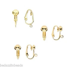 4 Gold Clip On Earring Findings with Open Loop for Charms Plated Steel Metal