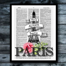Paris Eiffel Tower Vintage Book Page Dictionary Art Print Wall Room Decor