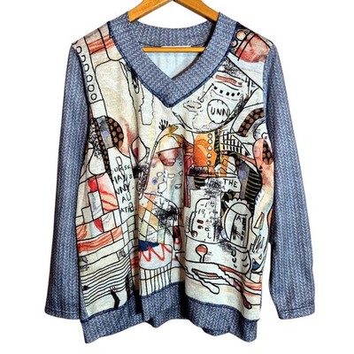 Bagoraz 'Nobs' Womens V-Neck Light weight Graphic Sweater Art to Wear L