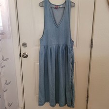 American Glory VTG Women’s Blue Denim Pinafore Dress V-Neck Sleeveless Button Lg