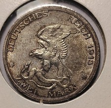 2 MARK SILVER 90% 1913 GERMAN-NAPOLEON DEFEAT Coin. No Reserve 