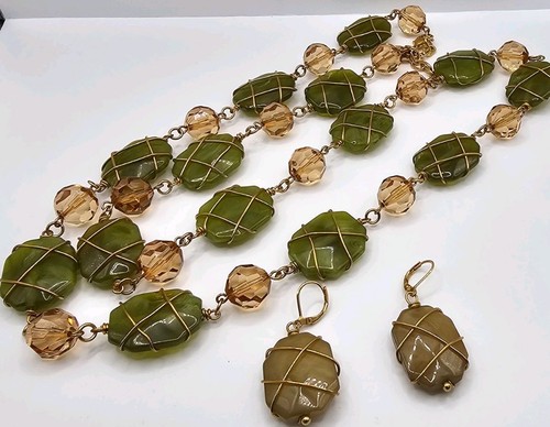 Joan Rivers Gold-Tone Wire Wrapped Green  Necklace & Earring Set Signed 38" NWOT
