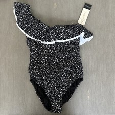 Profile by Gottex Bash One Shoulder Ruffle One Piece Swimsuit Black White NWT