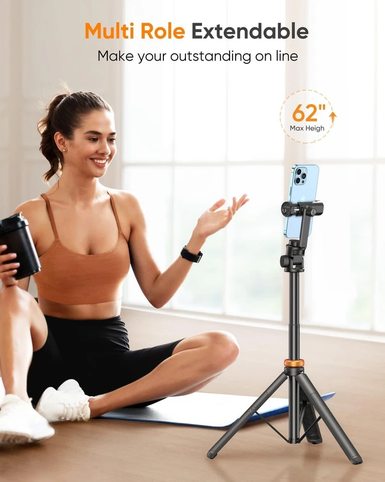 EUCOS 62" Phone Tripod, Tripod for iPhone & Selfie Stick with Remote, Extendable - Image 4 of 4