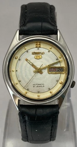 Vintage Rare Look Automatic Seiko5 Silver Dial 7019 & D/D Leather Strap Watch