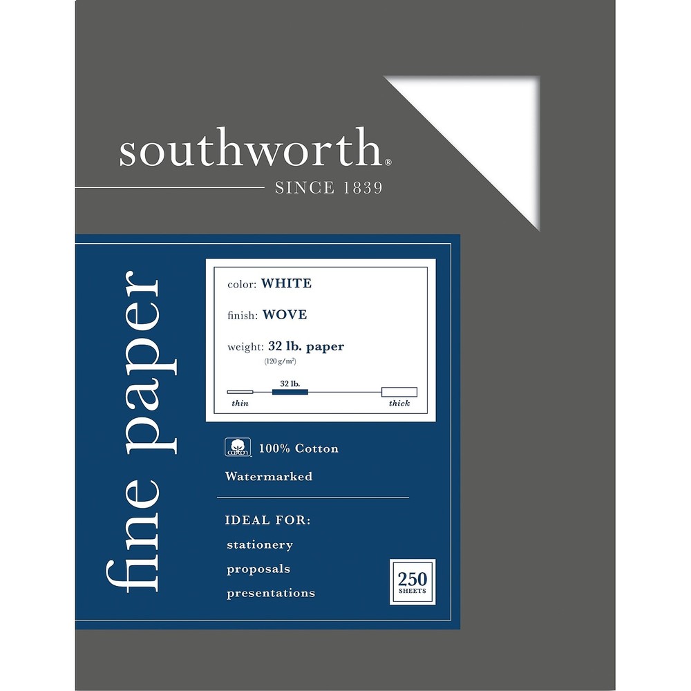 Premium Southworth 100% Cotton 32 lb White Business Paper 8.5x11 250 Sheets per Box