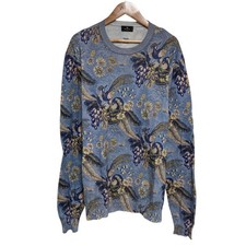 24SS ETRO Bird  Flower Pattern Cotton Knit Sweater, Size L, Blue mens USED
