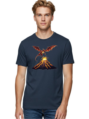 Dragon-Flying-Over-Volcano-3 Mens Graphic Tee, 100% Cotton, Casual Summer Wear