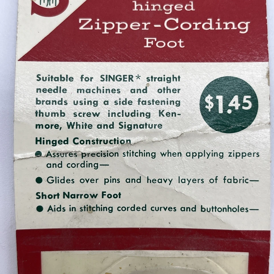 Singer Hinged Zipper Cording Foot Vintage New For Low Shank Side Clamp Machines - Image 2 of 4