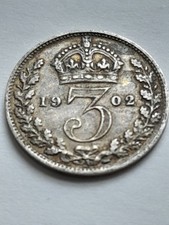 1902 King Edward VII Sterling Silver Threepence Three Pence 3d 3p Coin Very Nice