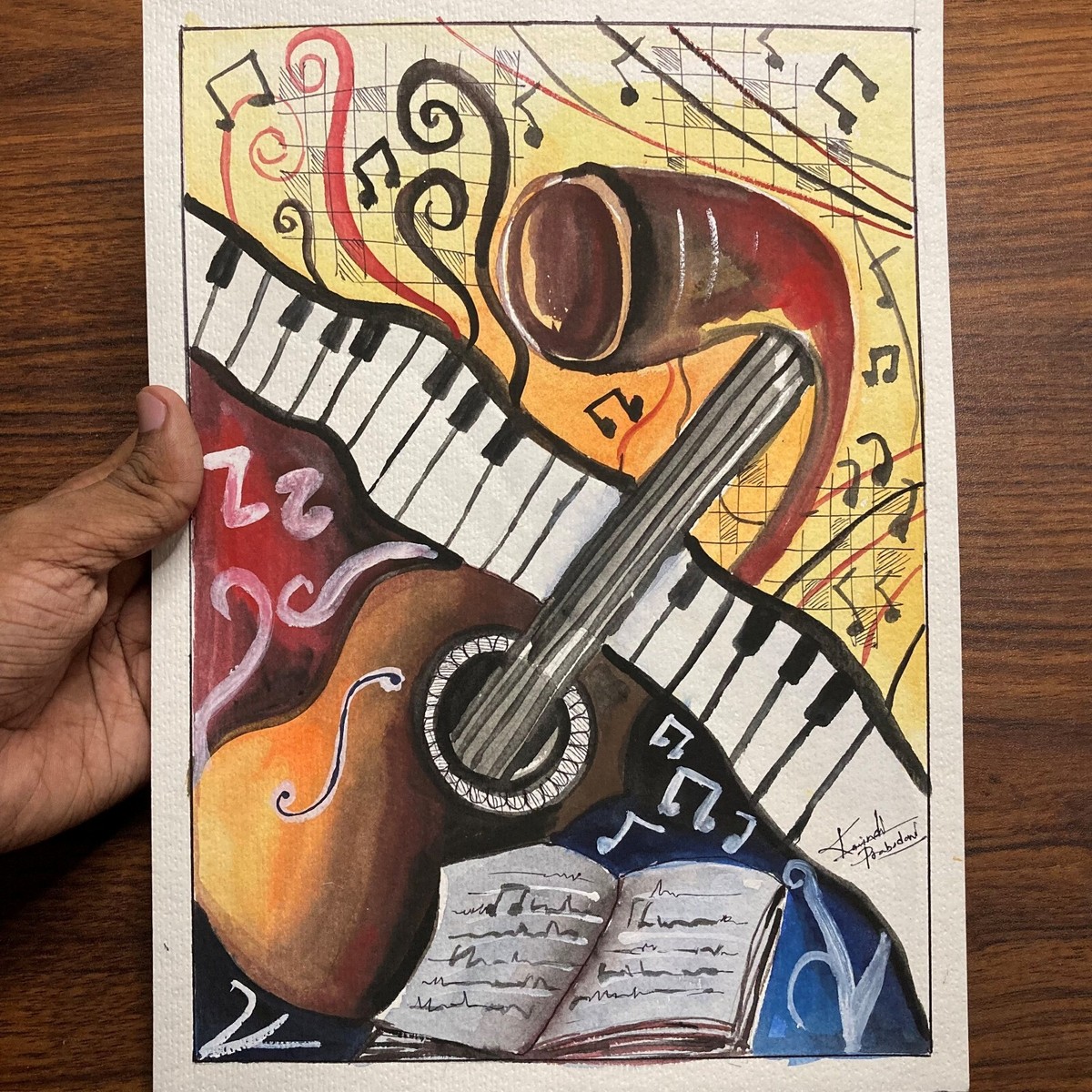 Original Watercolor Painting A4 Mural Guitar Piano Music Graffiti
