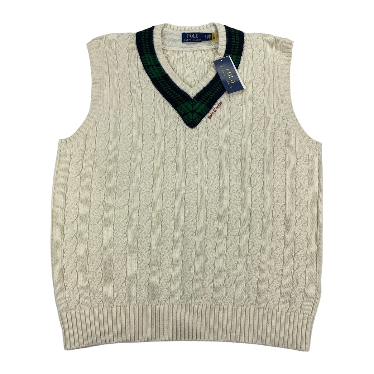 Polo Ralph Lauren Mens Cricket Tennis Cable Knit V-Neck Sweater Vest Cream  XL