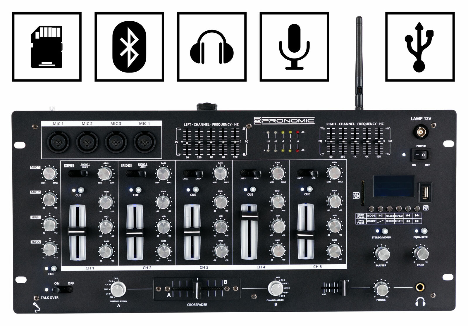 DJ PA Mixer Mischer Mischpult Bluetooth USB SD Cue Crossfader 5 Kanäle XLR Cinch