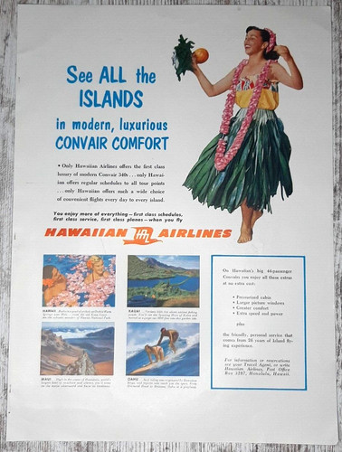 1956 Hawaiian Airlines Vintage Print Ad Tours Hawaii Kauai Oahu Maui Girl Lei