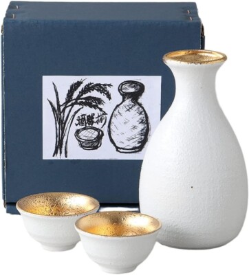 Guinomi Tokkuri Mino yaki ware Japanese pottery Sake cup bottle set White Gold