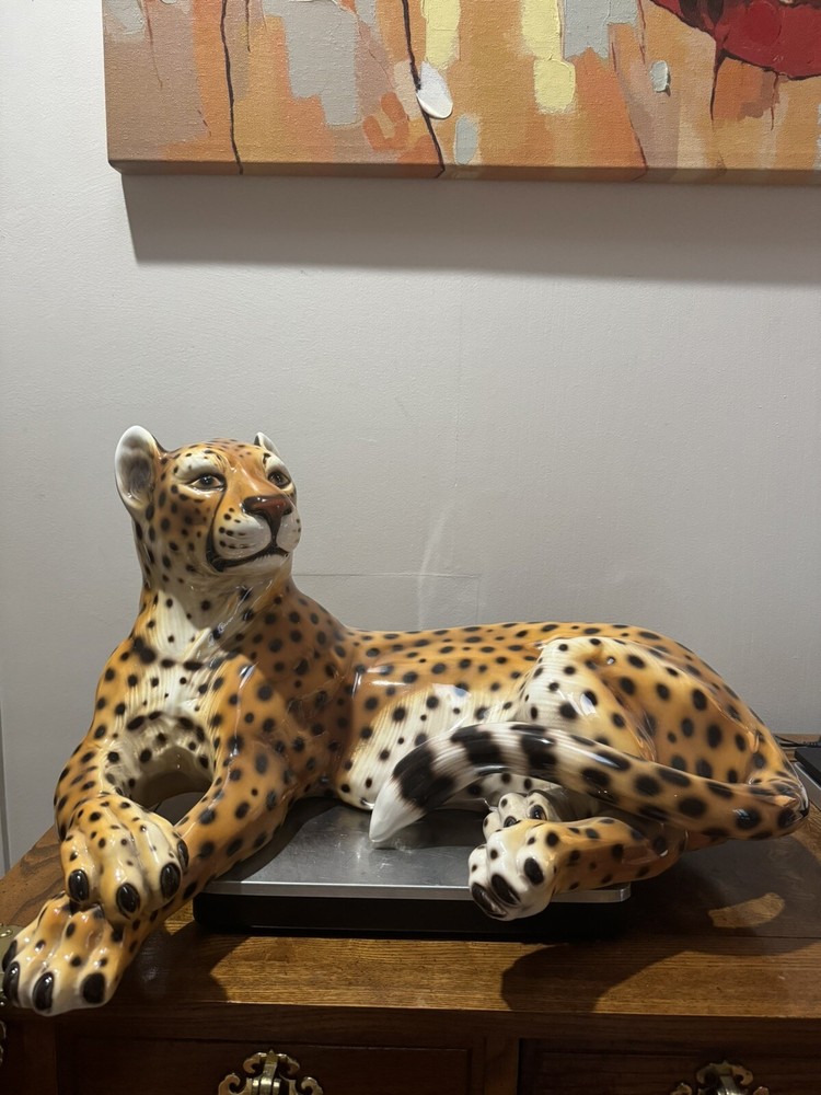 Rare Large Leopard Statue Figurine Made In Italy. Depicting In A Relax Position