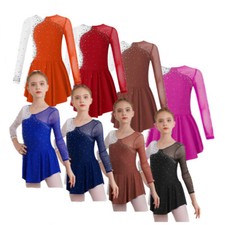 Girls Sparkly Long Sleeves Dress Mesh Splice Figure Skating Ballet Dance Costume