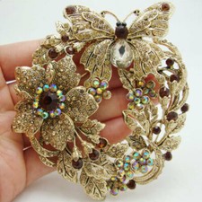 Vintage Style Butterfly Flower Brooch Pin Topaz Austrian Crystal Rhinestone