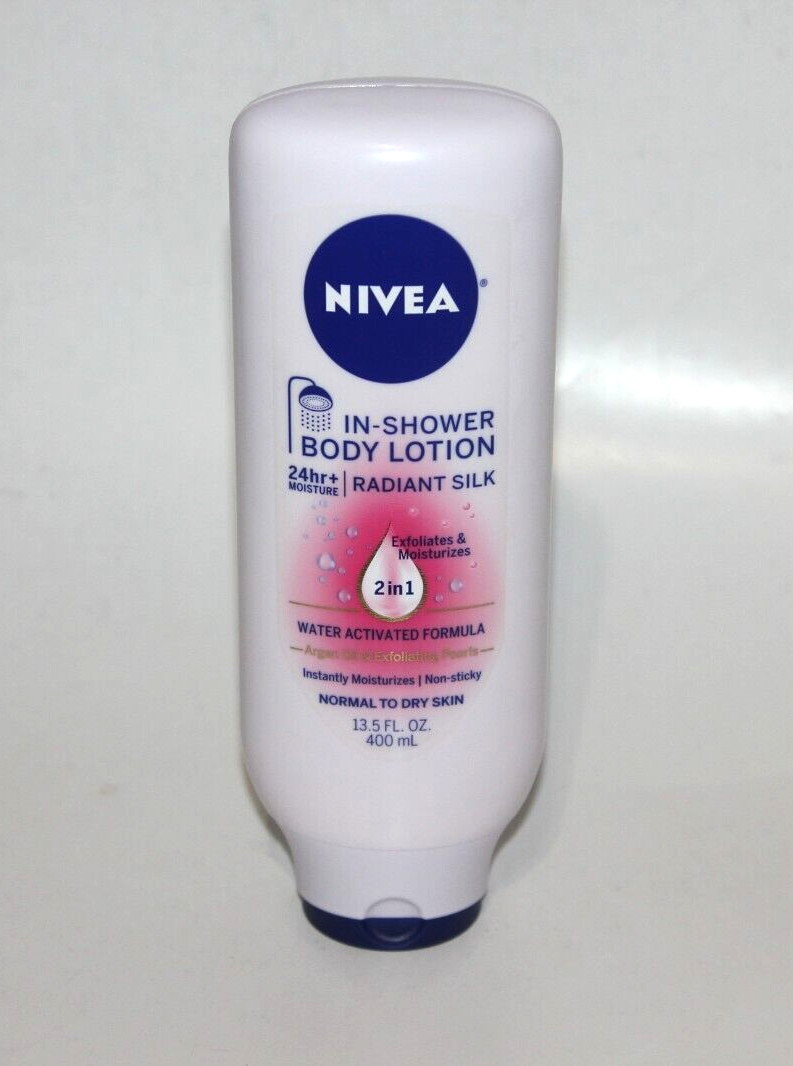 NIVEA IN SHOWER BODY LOTION RADIANT SILK 2IN1 ARGAN OIL & EXFOLIATE PEARLS 13.5