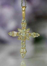 2.90Ct Round Cut Lab Created Diamond Cross Pendant 14K Yellow Gold Plated Silver