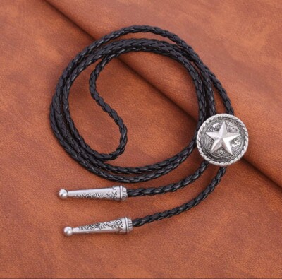 Texas Star Bolo Tie Western Cowboy Rodeo Necklace Black Braided Leather Cord