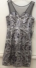 ADRIANNA PAPELL Sheer Yoke Shift Silver Black SEQUIN MESH SHEATH DRESS SIZE 6P