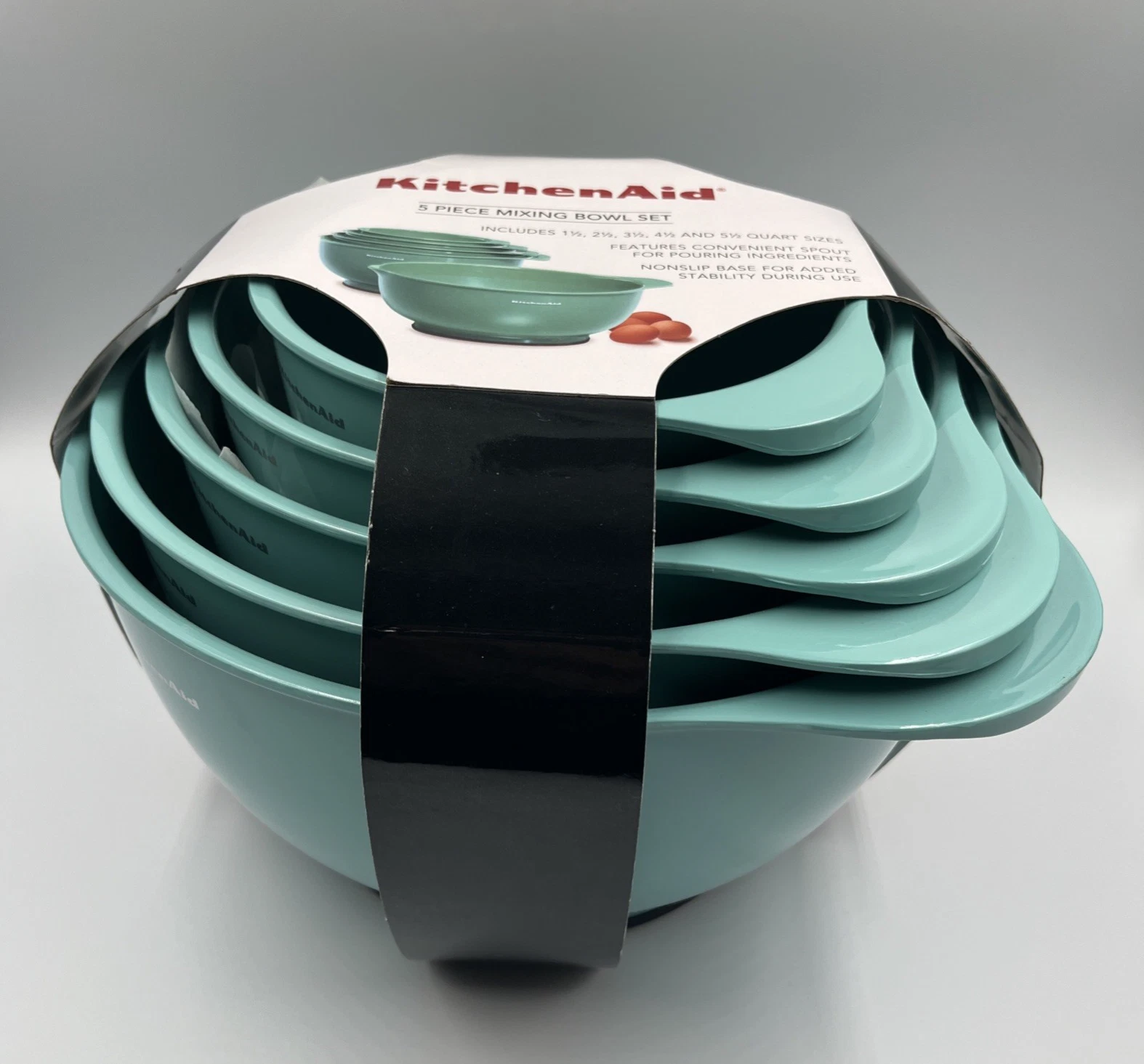 KitchenAid Nesting Mixing Bowls 5 Piece Aqua Pour Spouts NonSlip Plastic NEW
Opens in a new window o