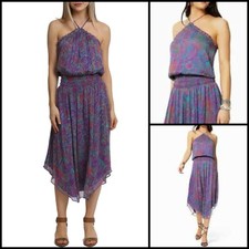 Ramy Brook Chloe Dress Botanic Print Flowy Smocked Halter Coquette Resortwear L