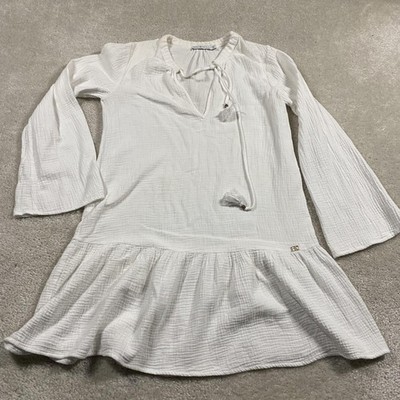 Bird & Knoll Dress Womens Small White Cotton Gauze Tassel Boho Beach Cover Up