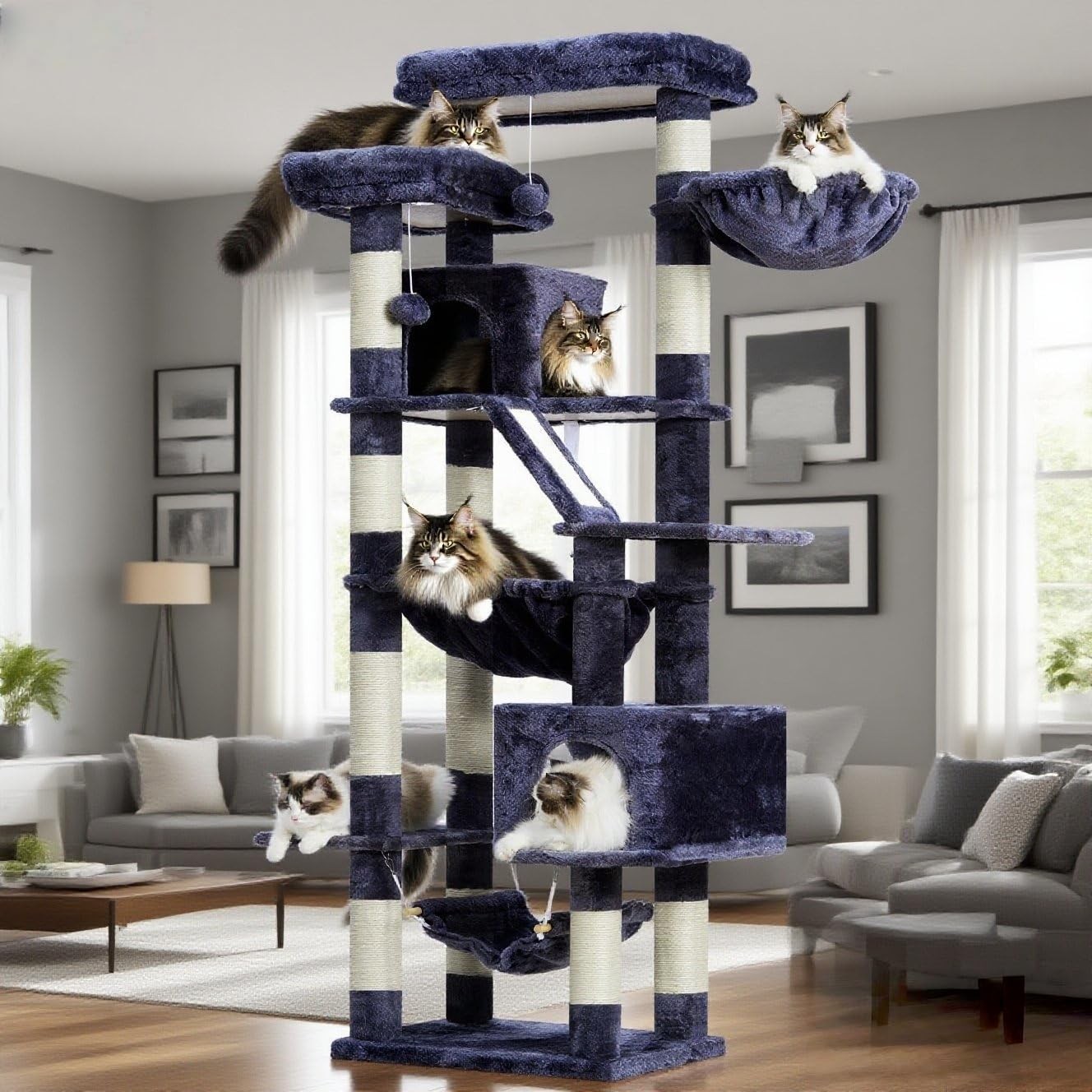 Cat Tree, 71-Inch-Tall Tower for Indoor Cats with 2 Perches, 2 Big Condos,