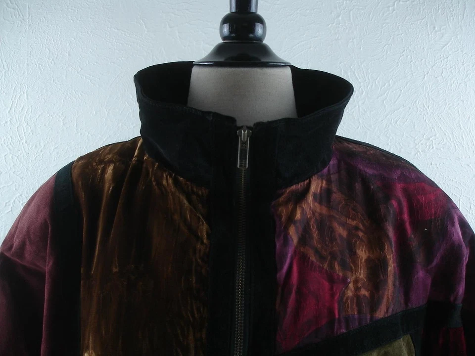 Jaqueta feminina L Brandon Thomas couro camurça patchwork tapeçaria veludo década de 1990 - Imagem 3 de 4