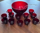 MCM Vintage Anchor Hocking Royal Ruby Red Glass Bowl Set W/ 12 Cups  Glass Ladle