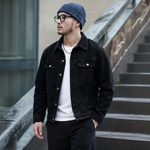 Men's Oversized Black Denim Jacket Vintage Washed Streetwear Trucker Jacket video thumbnail