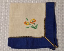 Vintage Linen White Handkerchief Embroidered Flowers Floral Blue Border Hanky