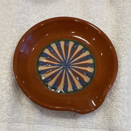 E. Pugh Ceramic Round Spoon Rest Brown Blue Cream Geometric Pattern