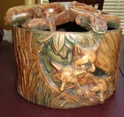 Weller Woodland Art Pottery 3 Baby Foxes Covered Log  Planter Crisp Mold Signed