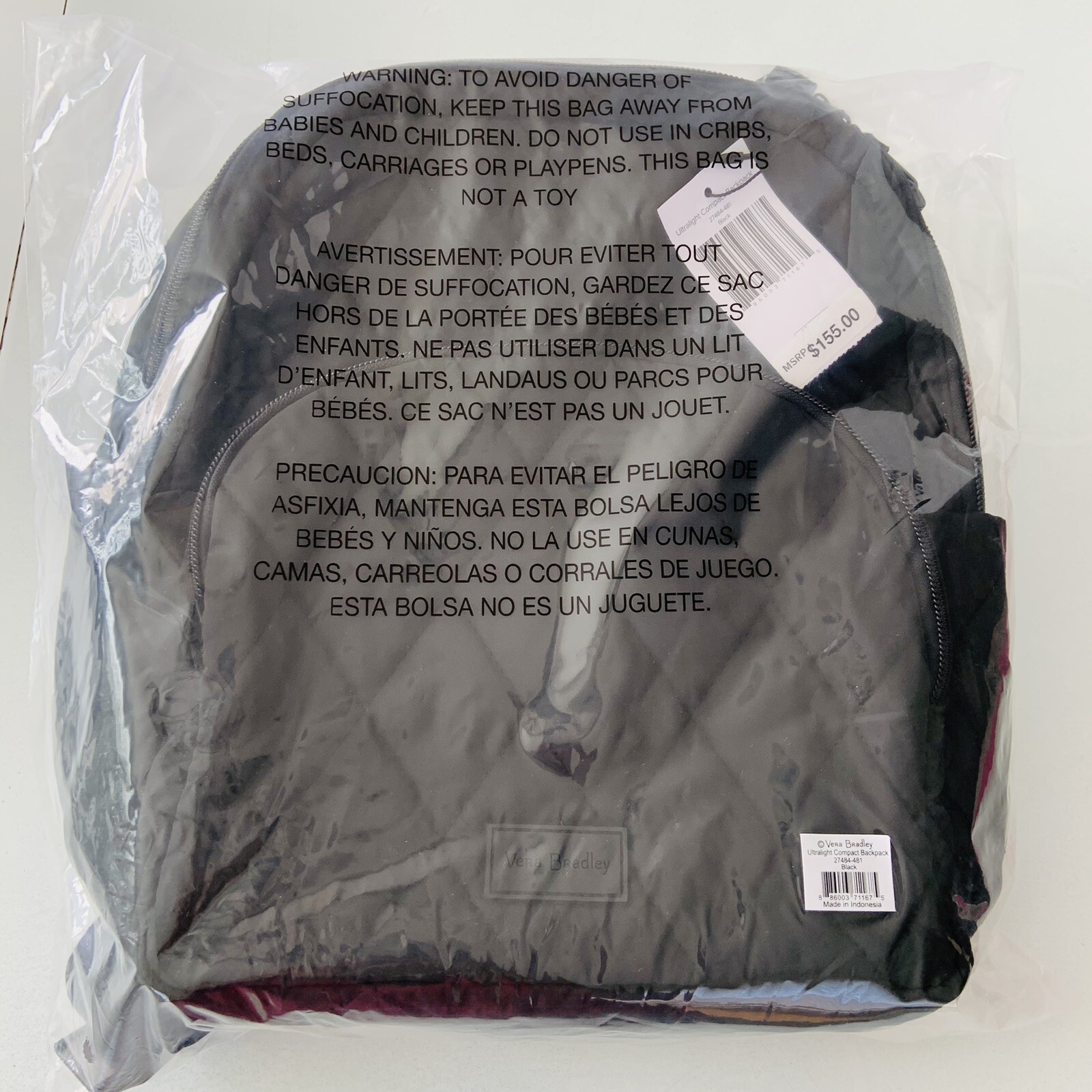 NWT Vera Bradley Ultralight Compact Backpack Black MSRP $155