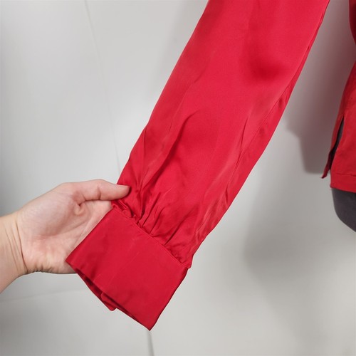 Blusa vintage roja satinada manga larga cuello en V cuello para mujer M - Imagen 2 de 10
