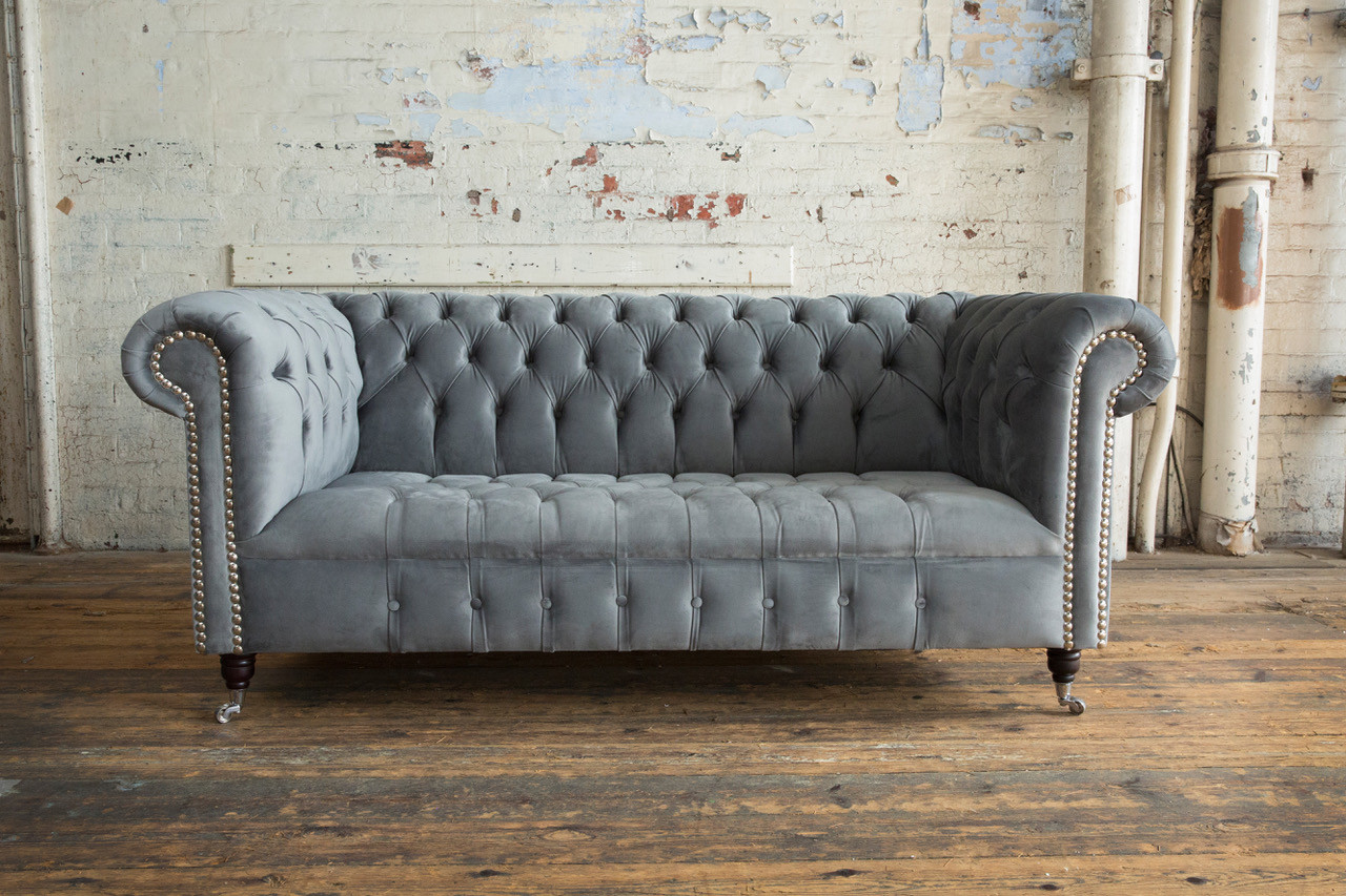 HANDMADE 3 SEATER SLATE GREY VELVET FABRIC CHESTERFIELD SOFA, SETTEE ...