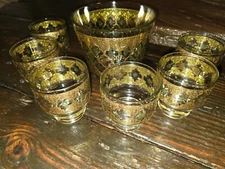Vintage Culver Valencia 22k Gold Lowball Glasses/Tumbler/Ice Bucket/Set of 7pc