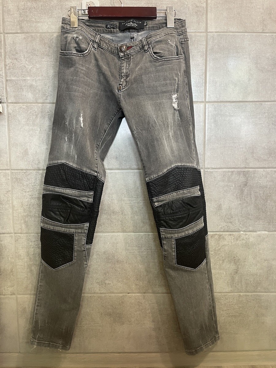 PHILIPP PLEIN GRAY DISTRESSED LEATHER KNEES BIKER JEANS SUPER SLIM FIT SIZE  29