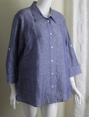 Foxcroft Sz 16W 16 W Denim Chambray Linen 3/4 Shaped Fit Blouse Shirt Top 