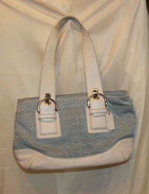 white coach purse with colored c's