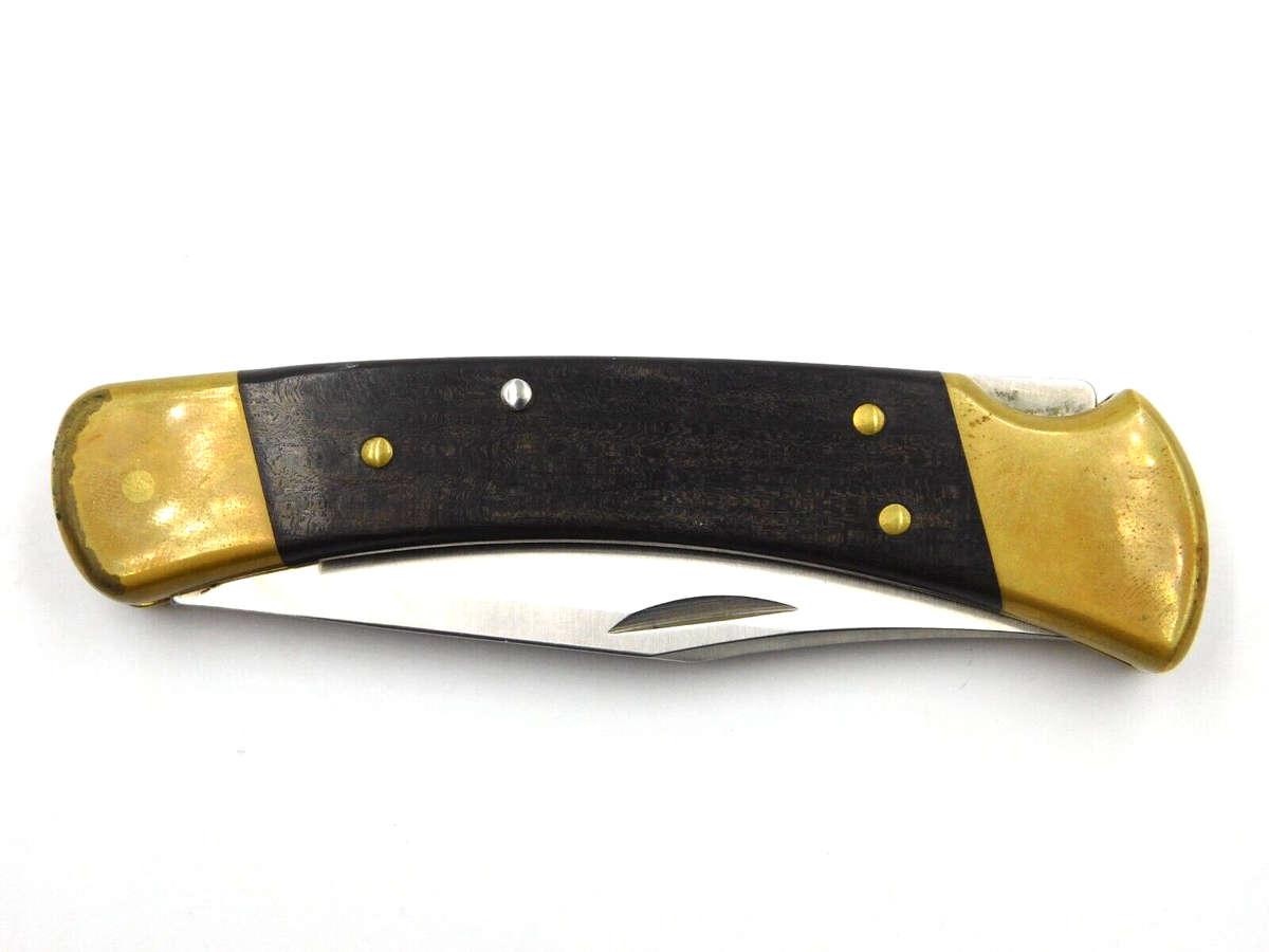 Vintage Buck 110 Wood & Brass Handle Folding Knife w/ Leather