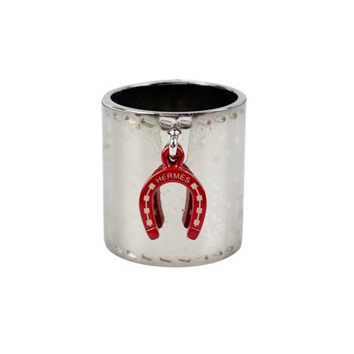 Hermes Palladium & Red Enamel Charms Fer a Cheval Horseshoe Scarf Ring