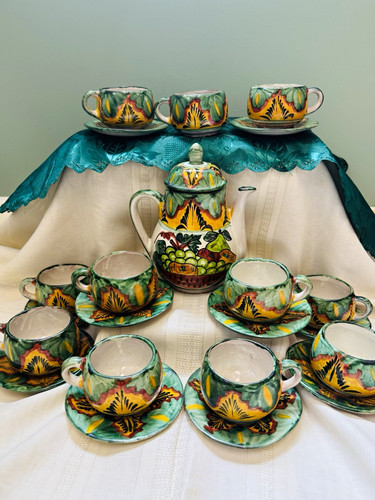 Vintage Mexican Folk Art Loza Vidriada Glazed Pottery Tea Set 22 Pc Lidded Teapo