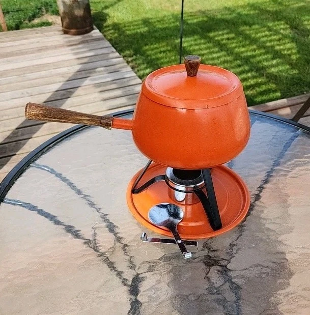 Vintage Mid Century Modern Orange Enamel Fondue Pot Set Wood Handle MCM Retro
