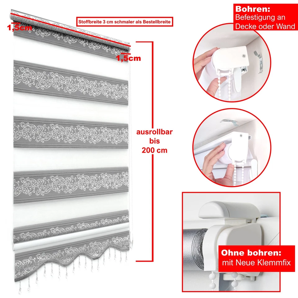 Doppelrollo Raffrollo ohne Bohren Klemmfix Rollos Jalousien Grau Silber Gardinen - Bild 2 von 4