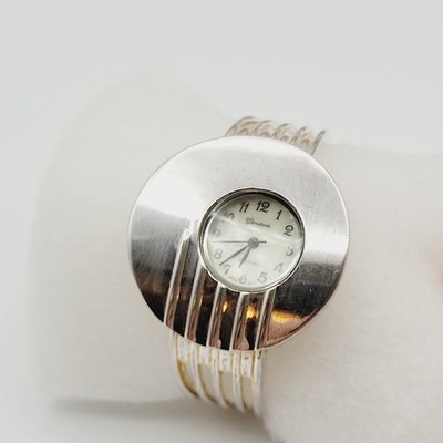 Vintage Geneva Platinum Cuff Bracelet Watch Silver Tone Modernist MOP Face