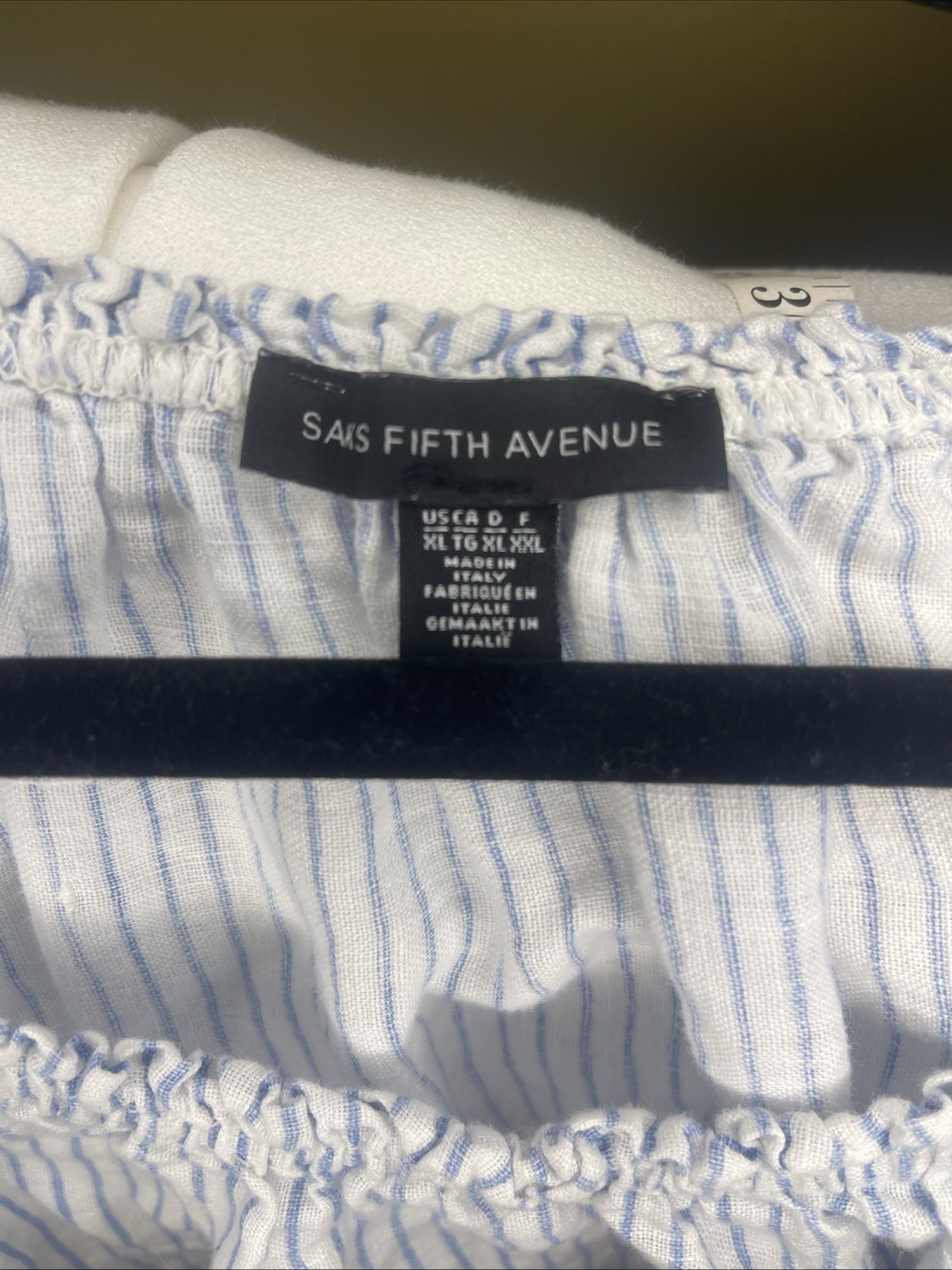 Saks Fifth Avenue Women's Linen Blue Pinstripe Shirt With Lace Sleeve XL Italy